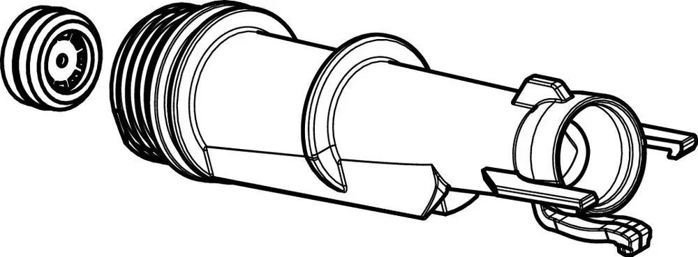 Abgebildet ist ein Montageelement, das Teil der Hansgrohe Wasserführung sein könnte. Es zeigt eine zylindrische Bauform mit Schraubgewinde und seitlichen Halterungen.